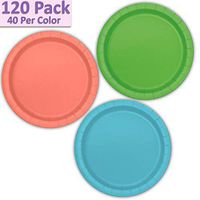 120 Paper Dessert Plates (7") - Lime Green, Coral, Aqua - 40 Per Color, 3 Colors - Great Assortment for Birthday Parties, Weddings, Holidays, Baby Shower, Celebrations, and more