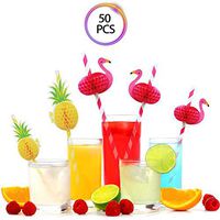 QMZ Flamingo Pineapple Honeycomb Ball Paper Straws 3D Decoration Striped Straw for Birthday Baby Shower Theme Party Table Decor 50PCS