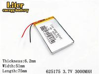 3.7V 3000mAh 625175 Lithium Polymer Ion Rechargeable Battery Lithium Polymer Li-Po Battery for MP4 GPS MP3 Bluetooth Stereo DIY Gift