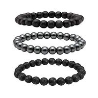 MILAKOO 3 Pcs Hematite Therapy Lava Rock Bracelet Black Wooden Bead Bracelet for Men Women