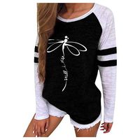 LONGDAY Womens Casual Long Sleeve Shirt Loose Soft Pullover Top Tunic Round Neck Print Sweatshirt Blouse Lightweight D-Black