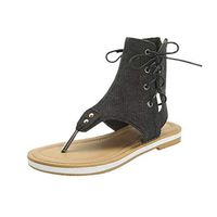 Cenglings Women's Clip Toe Beach Denim Plus Size Flat Sandals Lace Up Hollow Out Zipper Ankle Straps Gladiators Rome Shoes(Black,39)