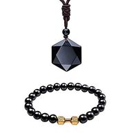 Black Obsidian Hexagram Natural Stone Pendant Necklace and Hematite Bracelet Hematite Metal Magnetic Therapy Bracelets