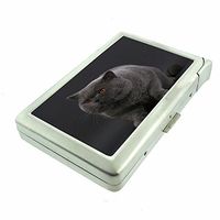 Cigarette Case with Built in Lighter Silly Cat Kitten S12 Smoking King Size Cigarettes Silver Metal Wallet 4" X 2.75" RFID Protection