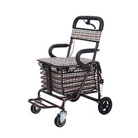L&QQ 2 in 1 Function Lightweight Steel Pipe Foldable Portable Rollators 4 Wheel with seat for Elderly Shopping Cart Trolley with Shopping Basket,Brown