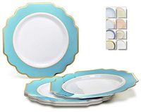 " OCCASIONS" 60 Plates Pack, Heavyweight Disposable Wedding Party Plastic Plates (10.5'' Dinner Plate, Imperial in White/Turquoise Blue & Gold)