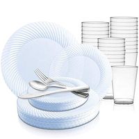 360 Piece Elegant Disposable Plastic Dinnerware Set for 60 Guests - Fancy Round Clear Swirl Rim Dinner Plates, Appetizer Plates, Silverware Set & Cups For Wedding, Easter, Birthday & All Occasions