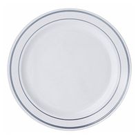 BalsaCircle 20 pcs 9-Inch White with Silver Trim Plastic Round Plates - Disposable Wedding Party Catering Tableware