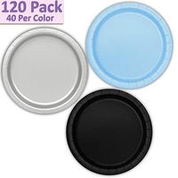 120 Paper Dessert Plates (7") - Light Blue, Silver, Black - 40 Per Color, 3 Colors - Great Assortment for Birthday Parties, Weddings, Holidays, Baby Shower, Celebrations, and more