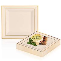 Elegant Disposable Plastic Dinner Plates 120 Pcs - Heavy Duty Fancy Square Ivory with Gold Dinner Plates - Reusable Plastic Party Plates For Wedding, Easter, Thanksgiving, Birthday & All Occasions