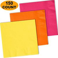 150 Lunch Napkins, Lemon Yellow, Pumpkin Orange, Electric Pink - 50 Each Color. 2 Ply Paper Dinner Napkins. 6.5" folded, 13.5" unfolded.