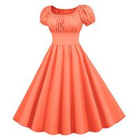 LONGDAY Women's Half Sleeve Swing Dress Flower Print A Line Tea Dress Vintage Casual Round Neck Work Party A-Line Skirt Orange