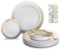 " OCCASIONS" 600 Pcs Set & 120 GuestWedding Disposable Plastic Plate & Silverware Combo Set (Celebration White & Gold plates, Gold Silverware)