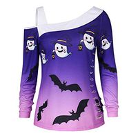 general3 Women One Shoulder Skew Neck Tops Halloween Bats Print Ripped T-Shirt Pullover Loose Casual Blouse (Purple, Medium)