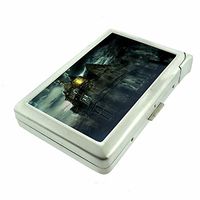 Cigarette Case with Built in Lighter Classic Haunted House S11 Smoking King Size Cigarettes Silver Metal Wallet 4" X 2.75" RFID Protection Halloween Horror Terror