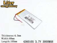 3.7V 3000mAh 4360105 Lithium Polymer Ion Rechargeable Battery Lithium Polymer Li-Po Battery for MP4 GPS MP3 Bluetooth Stereo DIY Gift
