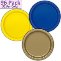 96 Paper Dinner Plates (9") - Royal Blue, Neon Yellow, Gold - 32 Per Color, 3 Colors - Great Assortment for Birthday Parties, Weddings, Holidays, Baby Shower, Celebrations, and more