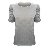 Eoeth Blouse Shirts for Women Fashion Long Sleeve Solid Sequin Stand Collar Puff Sleeve Tops Pullover T-Shirts Tracksuits Silver