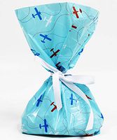 Vintage Airplane Cellophane Treat Party Favor Bags with Grosgrain Ribbon Ties. Pack of 12 Large Goodie Gift Bags for Kids, Boys, Girls, Birthday Parties, Baby Showers & Celebrations. Blue, White