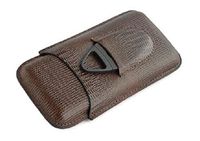 Katzs Leather Embossed 3 Tube Cigar Case Holder with Cutter Set (Brown Lizard)