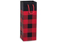 Pack Of 10, Wine Size 4.5 x 4.5 x 13" Buffalo Plaid Matte Laminated Wine Size Paper Gift Bags W/Cord Handles