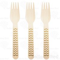 Stamped Wooden Disposable Forks (Premium Quality), Pack of 24 - Chervon - Gold