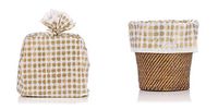 Twofer Reusable Gold Gingham Gift Wrap Bags by Designerliners. 8-Pack. Gift Wrap for You – Then Home Décor for Recipient. 21” x 24”. Twist Ties Included.