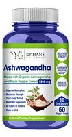  Organic Ashwagandha Root Powder Supplement by Dr. Hans, PhD, Max Strength, Anxiety & Stress Relief, Adrenal Fatigue, Immune, Energy, Mood & Thyroid Support, 1300mg Veg Capsules w/Black Pepper Extract