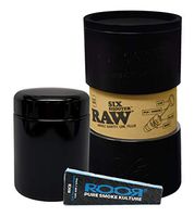 RAW 1 1/4 Six Shooter Variable Quantity Cone Filler, ROOR 1 1/4 Rice Pre Rolled Cone, with Leaf Lock Gear Air-Tight UV Glass Stash Jar- 3 Item Bundle