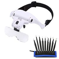Jiusion Single Lens Head Mount Headband Illuminating Magnifier with 9pcs Precision Tweezers Set, 2 LED Lights Magnifying Jeweler Loupe 5 Detachable Glasses for Reading Jewelry Watch Electronic Repair