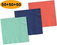 150 Beverage Napkins, Mint, Navy blue, Coral - 50 Each Color. 2 Ply Paper Cocktail Napkins. 5" folded, 10" unfolded.