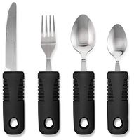 Adaptive Utensils (4-Piece Kitchen Set) Wide, Non-Weighted, Non-Slip Handles for Hand Tremors, Arthritis, Parkinson’s or Elderly use | Stainless Steel Knife, Fork, Spoons (Black - 1 Set)