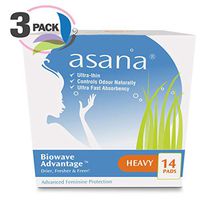Asana Heavy Flow Sanitary Pads with Wings for Women – Ultra-Absorbent, Latex Free, Chemical Free, Naturally Helps Prevent Odor Caused from Yeast Candida – 14 Count - Pack of 3