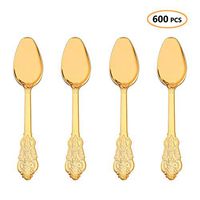 Plastic Gold Spoons 600 Pcs - Heavyweight Disposable Spoons Party Set - Heavy Duty Fancy Baroque Silverware - Bulk Cutlery Utensils Flatware Supplies For Wedding, Easter, Birthday & All Occasions