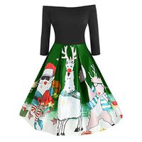 Jocund Women Christmas Dress Lovely Off Shoulder Long Sleeve Santa Claus Elk Print Vintage Dress