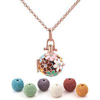 Third Time Charm Natural Lava Rock Stone Clolorful Flower Aromatherapy Essential Oil Diffuser Necklace Locket Pendant With 6 Lava Beads (Rose Gold Plated)