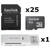  	 25 PACK - SanDisk 8GB MicroSD HC Memory Card SDSDQAB-008G (Bulk Packaging) LOT OF 25 with SD Adapter and USB 2.0 MicoSD & SD Memory Card Reader 