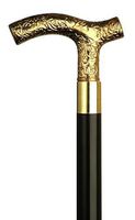 Walking Cane Lady's Gold Plastic Embossed Fritz Shaped Handle, Black Wood Shaft, 36" Long with Rubber tip.