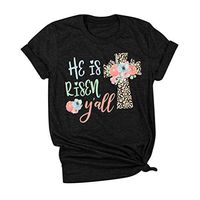 Eoeth Happy Easter!Blouse Shirts for Women he is Risen y’All Letter Print Short Sleeved Top Casual Loose T-Shirts Pullover Black