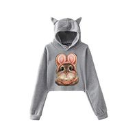 HNTDG Women Casual 3D Bunny Printed Long Sleeve Cat Ear Hooded Sweatshirt High Waist Tops Pullover Gray