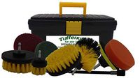 Drill brush power brush scrubber set - 10 Piece; 4 drill scrub brushes, 3 scour pads with drill scrubber attachment piece & drill brush attachment 6” extension bar; all in a handy toolbox.