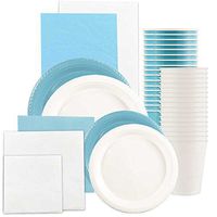 JAM PAPER Party Supply Assortment - Sea Blue & White Grad Pack - Plates (2 Sizes), Napkins (2 Sizes), Cups & Tablecloths - 12 Items/Set