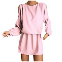 Eoeth Women Sexy Cold Shoulder Solid O-Neck Long Sleeves Hollow Out Mini Dress Fashion Casual Loose Sexy Romper Jumpsuit Pink