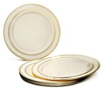 " OCCASIONS" 240 Plates Pack, Heavyweight Disposable Wedding Party Plastic Plates (10.5'' Dinner Plate, Lace Lace in Ivory & Gold)