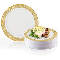 Elegant Disposable Plastic Dessert Plates 120 Pcs - 7.5" Heavy Duty Fancy White Gold-Rimmed Appetizer Plates - Bulk Reusable Salad Cake Party Plates For Wedding, Easter, Birthday & All Occasions