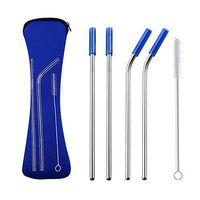 AINAAN Latest model Set of 4 Pieces Stainless Steel Straws,Reusable，With Cleaning Brush and Zipper Pouch Bag, 8.5 inch, Blue