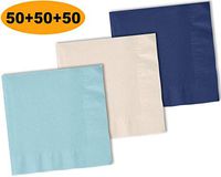 150 Beverage Napkins, Pastel Blue, Ivory, Navy blue - 50 Each Color. 2 Ply Paper Cocktail Napkins. 5" folded, 10" unfolded.