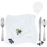120 Full Table Settings WHITE Square Plates, Cups, Cutlery "WEDDING SPECIAL" Heavy Duty Plastic Look Real