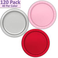 120 Paper Dessert Plates (7") - Light Pink, Silver, Red - 40 Per Color, 3 Colors - Great Assortment for Birthday Parties, Weddings, Holidays, Baby Shower, Celebrations, and more