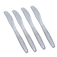 100 Silver Plastic Knives. Elegant and Disposable Shiny Silver Flatware. Includes 100 Silver Hammered Design Knives Packaged In A Neat Box. Silver Hammered Cutlery For 100 Guest.
